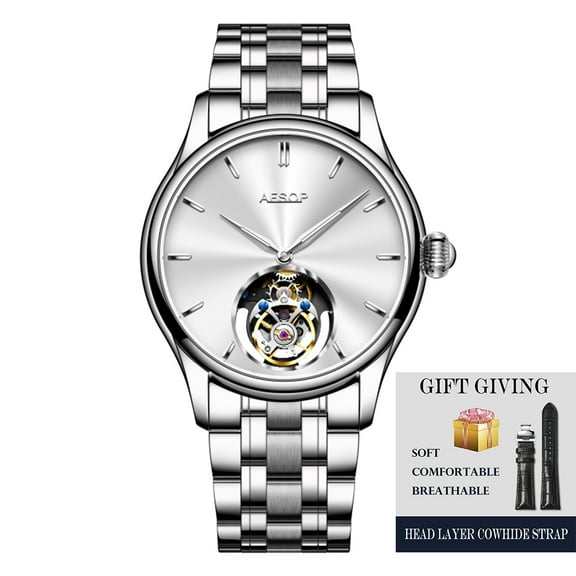 2025 AESOP 100% Tourbillon Mechanical Watch For Men Silver Steel Belt BUSINESS Fashion Mens Watches Manual Mechanical Waterproof