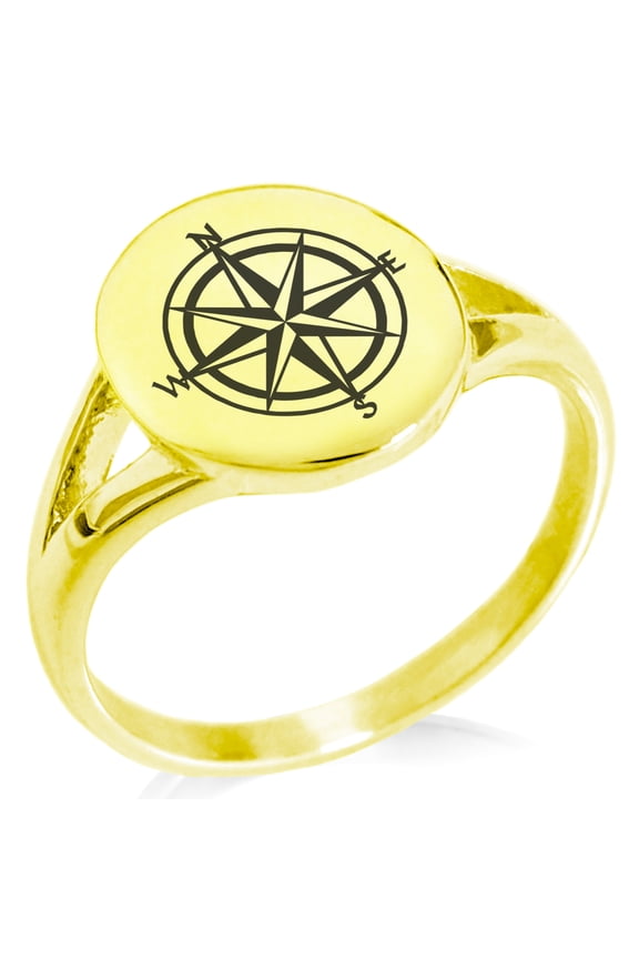 Stainless Steel Nautical Star Compass Minimalist Oval Top Polished Statement Signet Ring