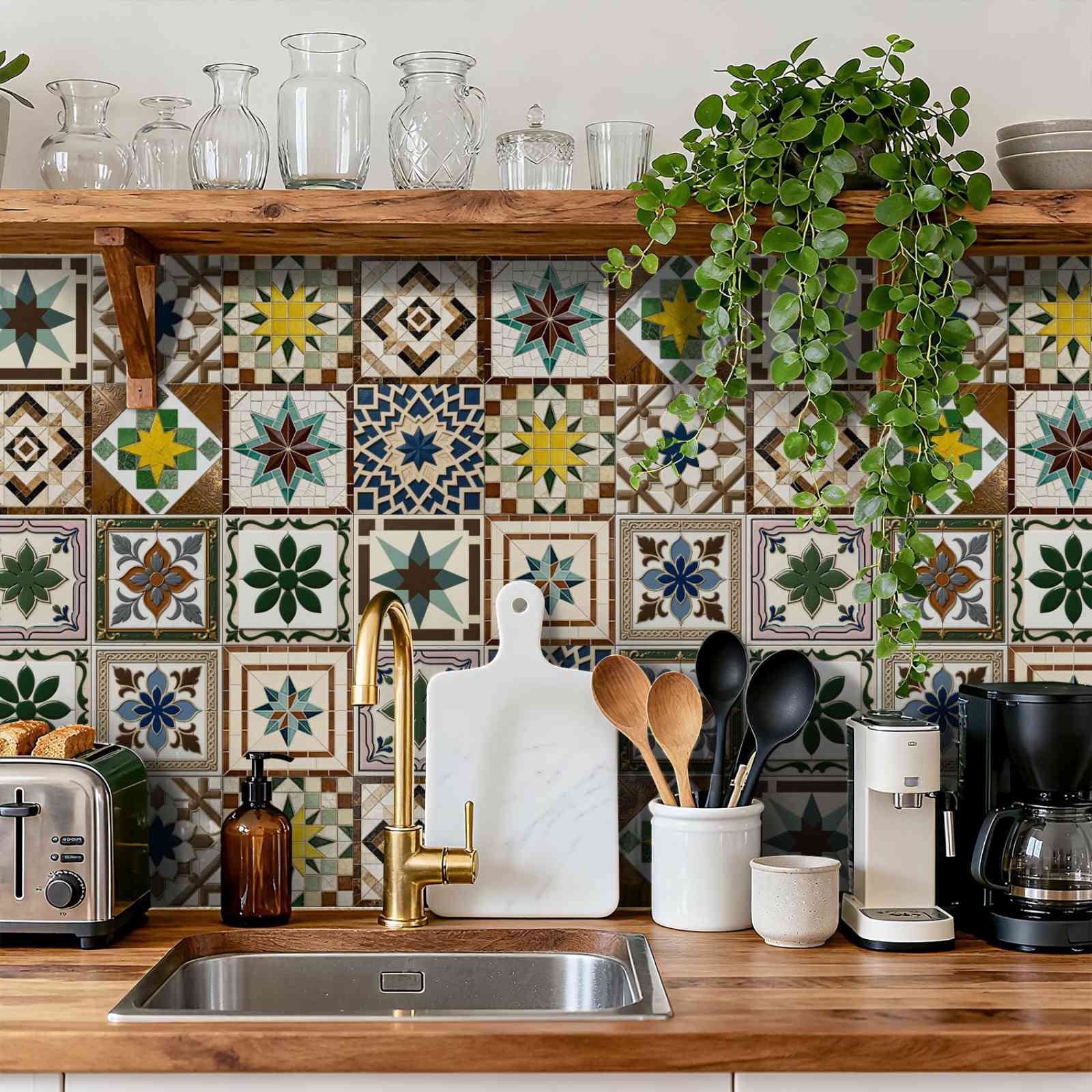 24PCS Mediterranean Style Peel and Stick Wall Tile Decals - 6"x6" Vintage Waterproof Vinyl Moroccan Bohemian Stickers for Kitchen Backsplash, Bathroom, Stair Riser Decor