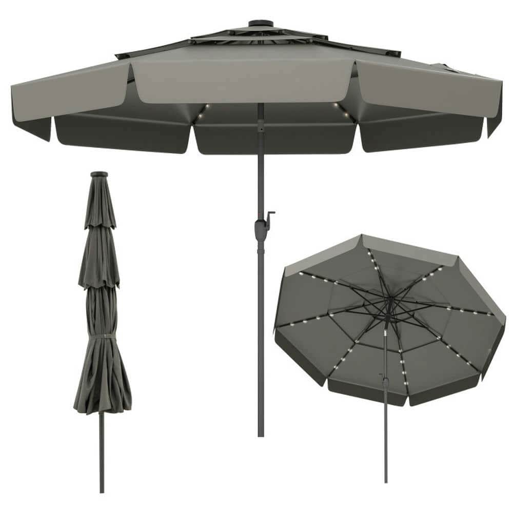 Spaco 10 Feet Solar Patio Umbrella with 3-Tier Vented Top, Outdoor Shade, Gray