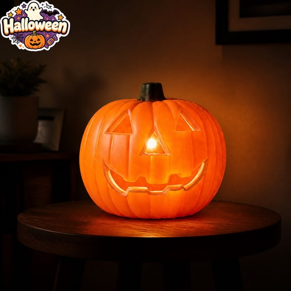 8 Inch Light Up Jack O Lantern Pumpkin, Battery Operated LED Lighted Pumpkin Lamp, Indoor Outdoor Halloween Decorations, Waterproof Classic Smiling Pumpkin for Porch Tabletop Halloween Party Decor