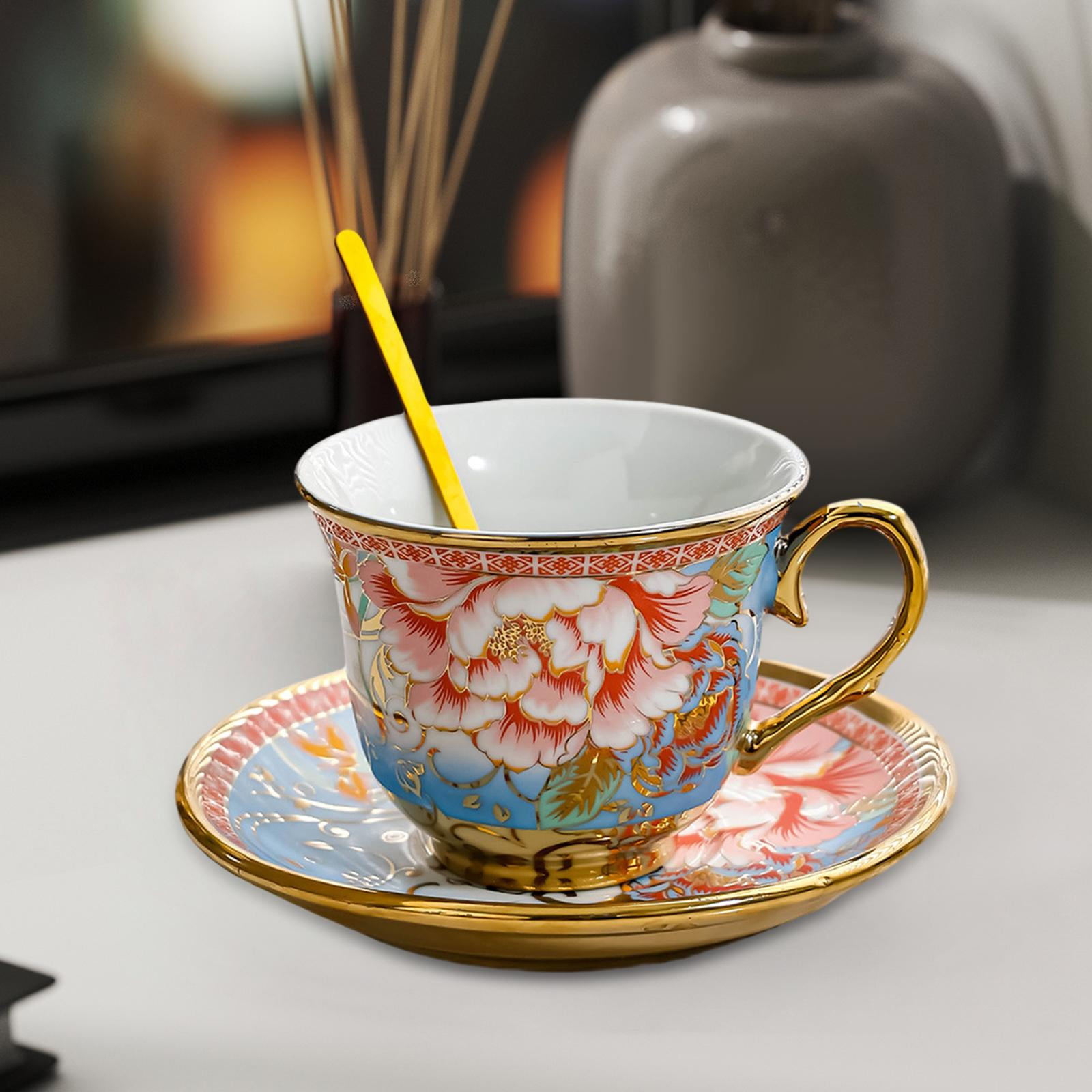 Esquirla Ceramic Coffee Cup and Saucer Cappuccino Mug Styling Glossy Elegant Afternoon Tea Cup Set Espresso Cup for Party Cafe Kitchen Rose