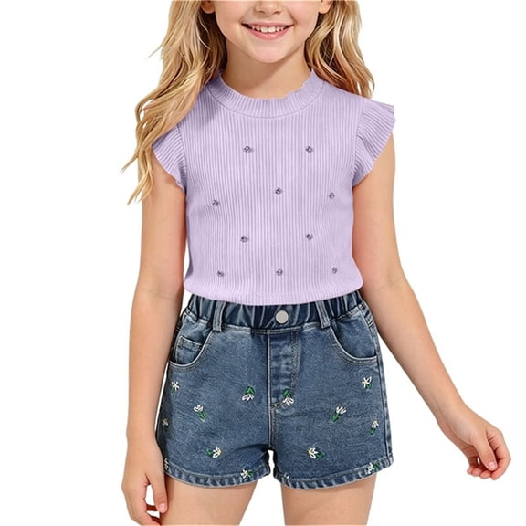 ITSAME Girls Summer Outfits 2-Piece Ruffle Sleeve Ribbed Top and Denim Shorts Casual Clothes Set Purple Size 6-7