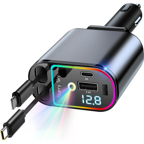 4 in 1 Retractable Car Charger,Max 120W USB-C Fast Car Charger with Starry Light, (ForLightning USB-C)