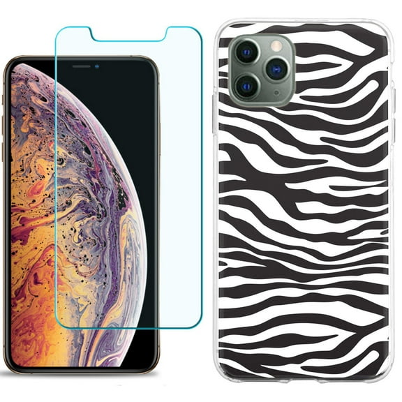For Apple iPhone 11 Pro Case , Slim-Fit TPU Protective Phone Case with Tempered Glass Screen Protector, by OneToughShield ® - Zebra B/W