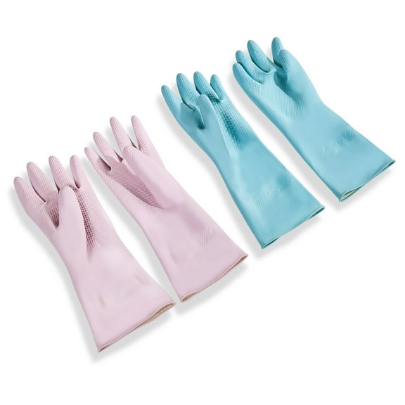 KFFKFF Reusable Dishwashing Gloves, 2 Pairs Colorful Household Kitchen Cleaning Gloves for Dishwashing and General Cleaning, Durable, Flexible, and Non-Slip, Medium, Pink   Purple