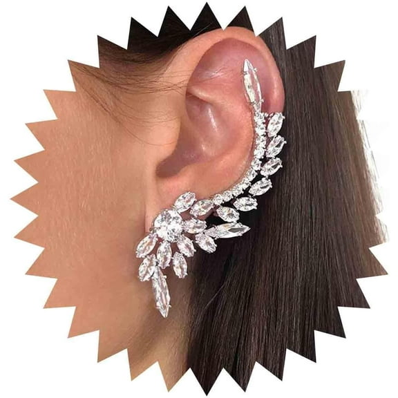 Vintage Crystal Cuff Wrap Earrings Silver Rhinestone Leaf Ear Cuff Earring Long Cz Ear Climber Cuff Earring Boho Crystal Climbing Earrings Jewelry for Women