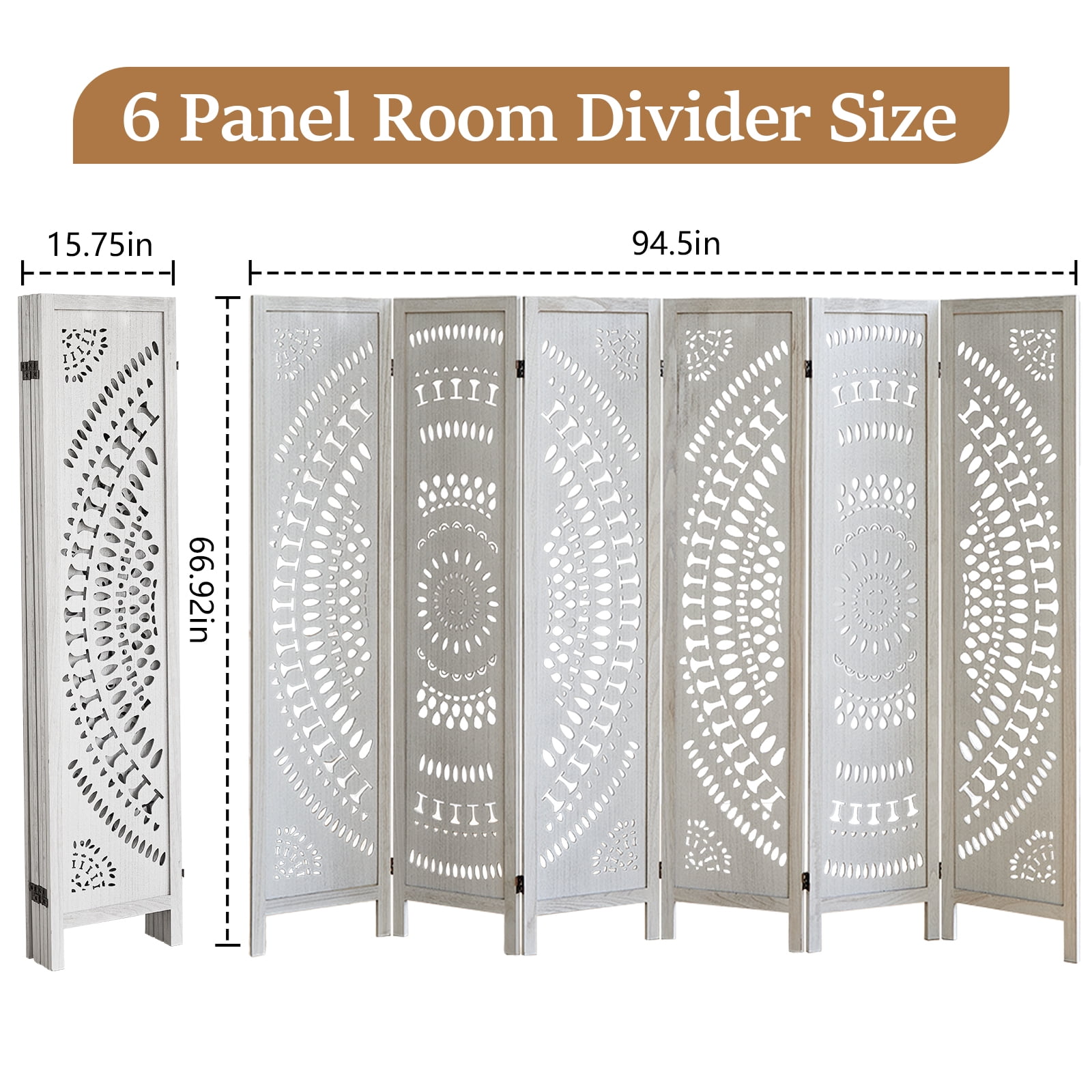 Aletheiawu 6 Panel Wood Carved Boho Room Dividers and Folding Screens, Freestanding Partition Wall Dividers for Home Bedroom Office, White
