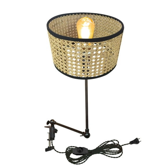 Kiven Dimmable Clip-on Desk Lamp, 1-Light Rattan Nightstand Lamp with Flexible Arm, 8.2FT Plug in Cord, Decorative Clamp Lamp for Office Home Bookshelf Bedside E26 Sokcet DZ0313-1