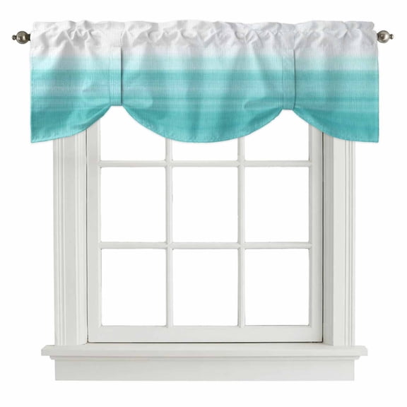 Aqua White Ombre Tie Up Valance Curtains for Windows, Kitchen Curtains Window Treatments, Chic Modern Funny Abstract Striped Art Short Window Shades Valances for Bedroom Bathroom Cafe 42"x12"