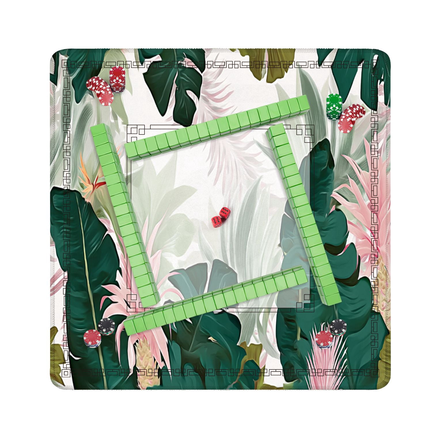Mahjong Mat 31.5" x 31.5" Floral seamless green banana leaves pink Bromeliaceae plant Non-Slip Noise Reduction American Mahjong Tiles Table Cover for Dominoes Poker Card Board Games Gift