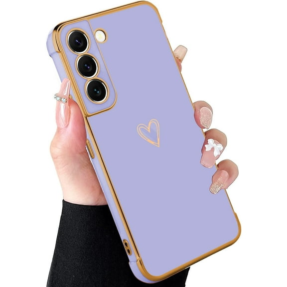 Compatible with Samsung Galaxy S22 Case for Women Cute Luxury Gold Heart Pattern Design, Full Camera Protection & Soft TPU Shockproof Protective Plating Edge Phone Case,6.1 inch 2022, Purple