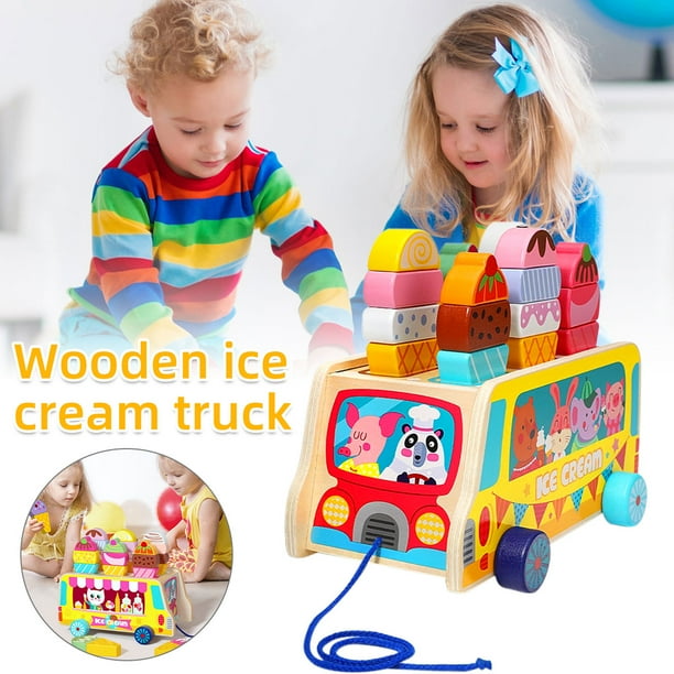 FUYGRCJ 28 Pcs Wooden Ice Cream Truck Pretend Play Food Toys for 3