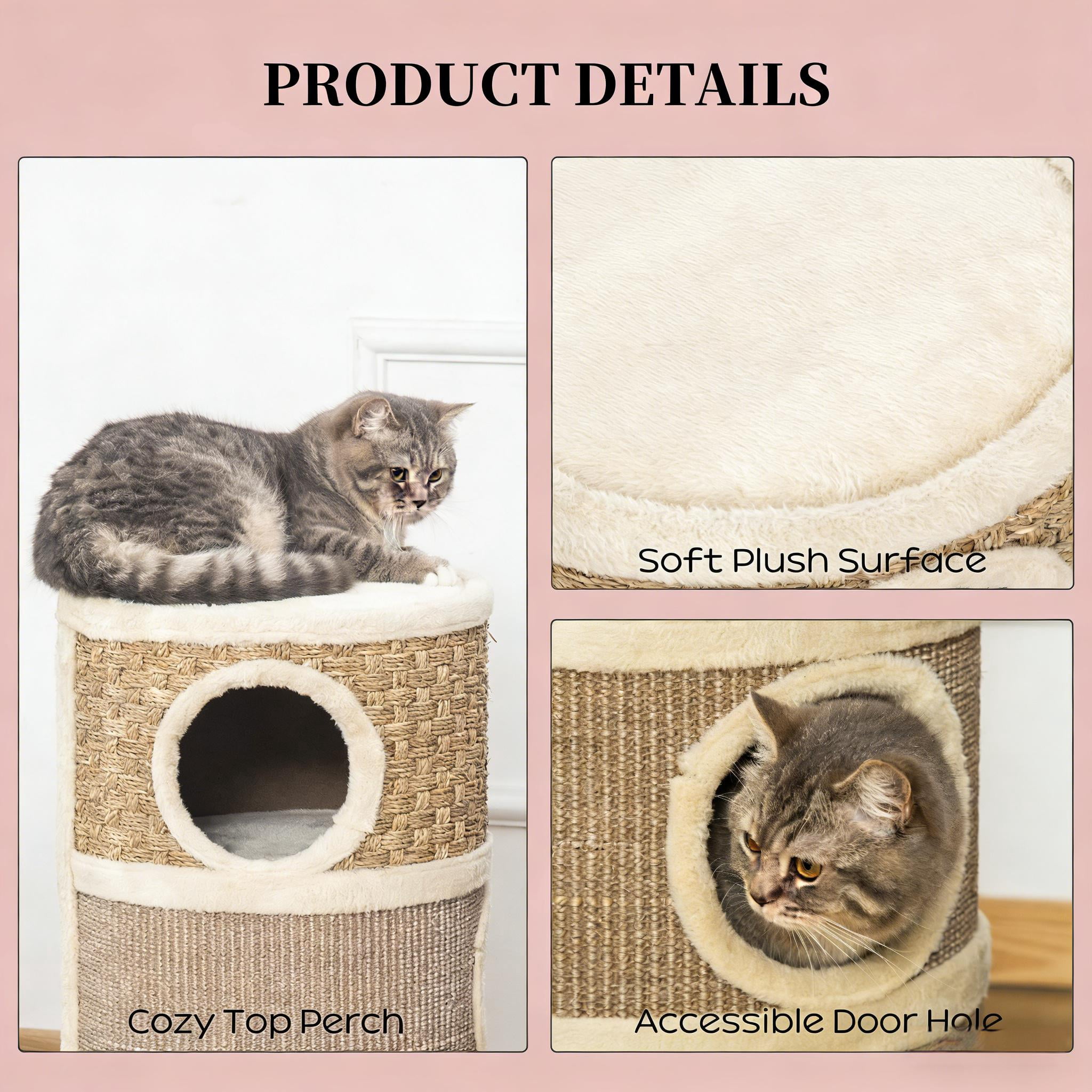 27.5" Cat Condo Barrel Shaped Cat Hideaway, 3-Tier Cat Tower with Plush Lining, Sisal & Seaweed Scratching Pads, Sturdy Particleboard No Assembly Cat House for Cats Under 9 lbs