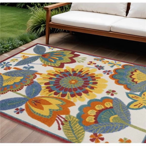 HomeRoots 546849 8 x 11 ft. Ivory Blue Orange Red & Yellow Floral Indoor & Outdoor Rectangle Area Rug