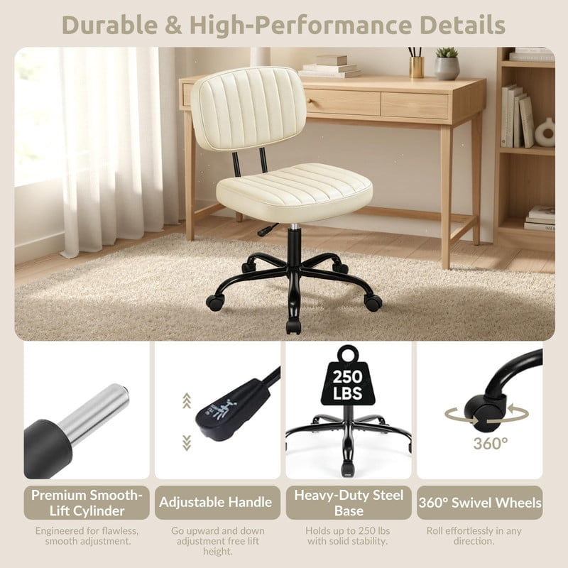 Kelno Armless Office Chair Height Adjustable Swivel Rolling Task Chair with Lumbar Support PU Leather Desk Chair, White