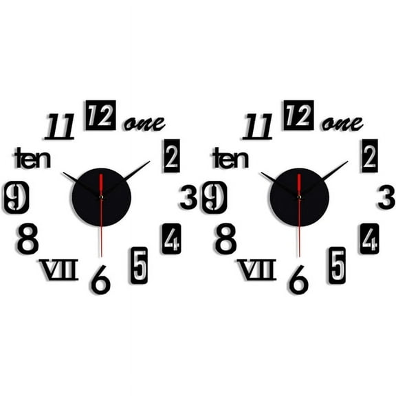 2X DIY Wall Clock - Modern 3D Mirror Wall Clock Decor,Roman Numerals Clock - Wall Sticker Clock Home Room Decor Black