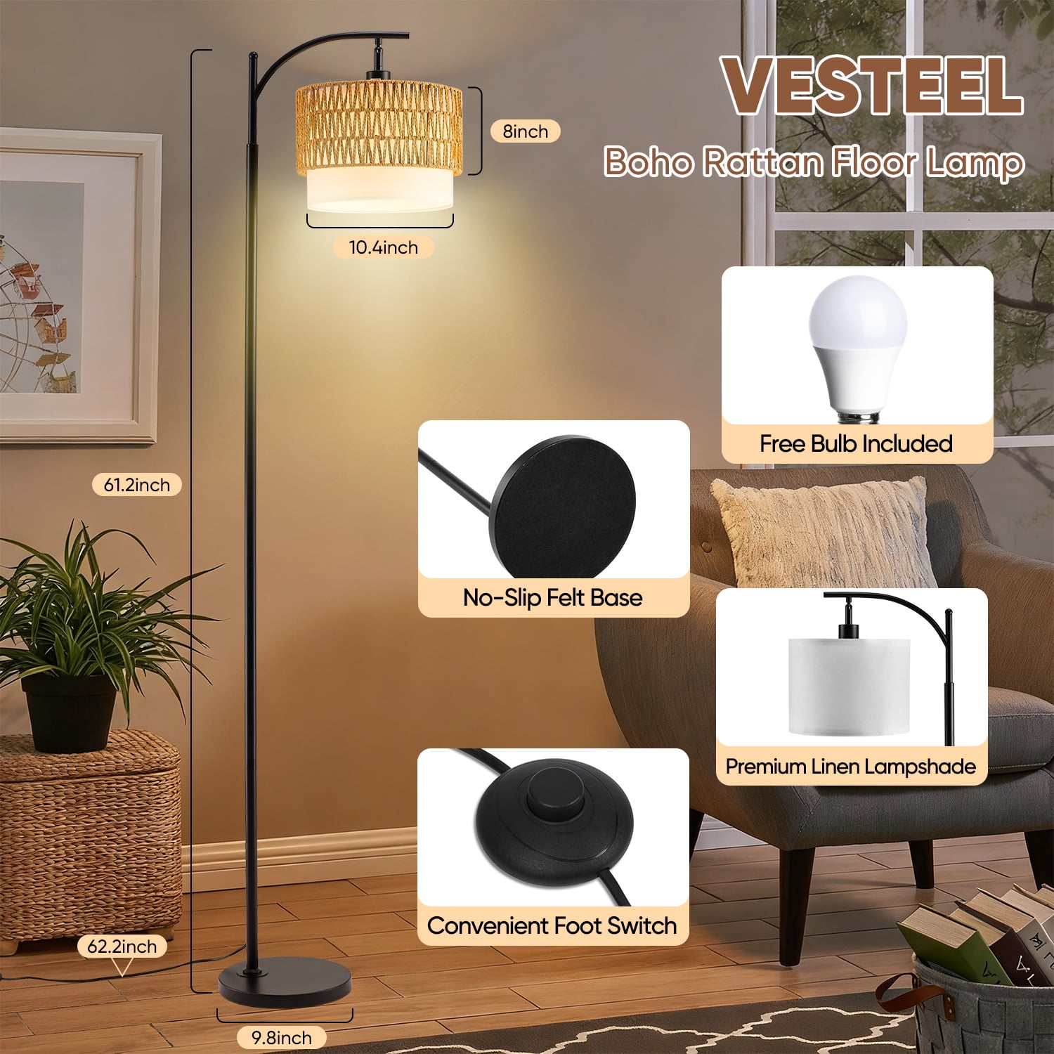 Vesteel Floor Lamp for Living Room, Rattan Standing Lamp with Adjustable Rattan & Fabric Shades, 3 Color Temperatures Boho Farmhouse Floor Lamp for Bedroom