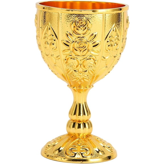 Embossed Chalice Goblet, Vintage Flower Pattern Wine Chalice Metal Wine Cup for Home Party Wedding Decoration Medieval Decor (Gold)