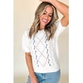 thumbnail image 3 of Women's White Multicolor Stitch Detail Short Sleeve Cable Knit Sweater - [ZhiHiMeRi] | (US 12-14)L, 3 of 12