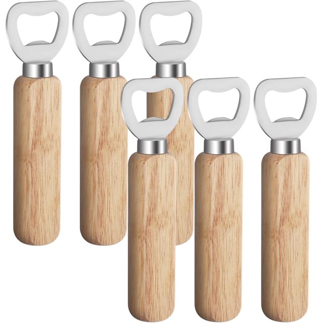 Paquete de 6 abridores de botellas, abridor de botellas de acero inoxidable, abridor de cerveza con mango de madera, abridor de botellas personalizado para cocina, bar, camping (color madera JFHHH pequeña