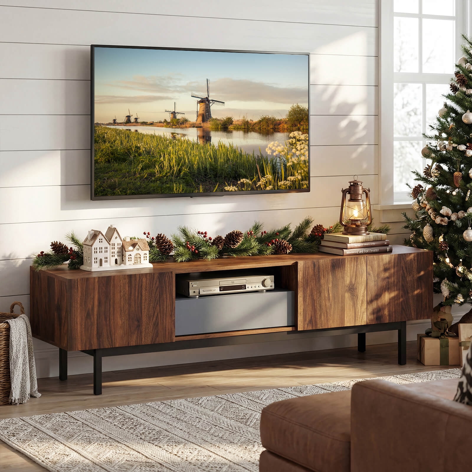 Costway TV Stand for TVs up to 80” with Drawer Cable Hole Metal Legs Entertainment Center
