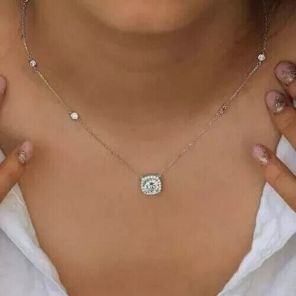 2.40Ct Round Cut Lab Created Diamond Pendant Necklace 14K White Gold Plated Silver 18"