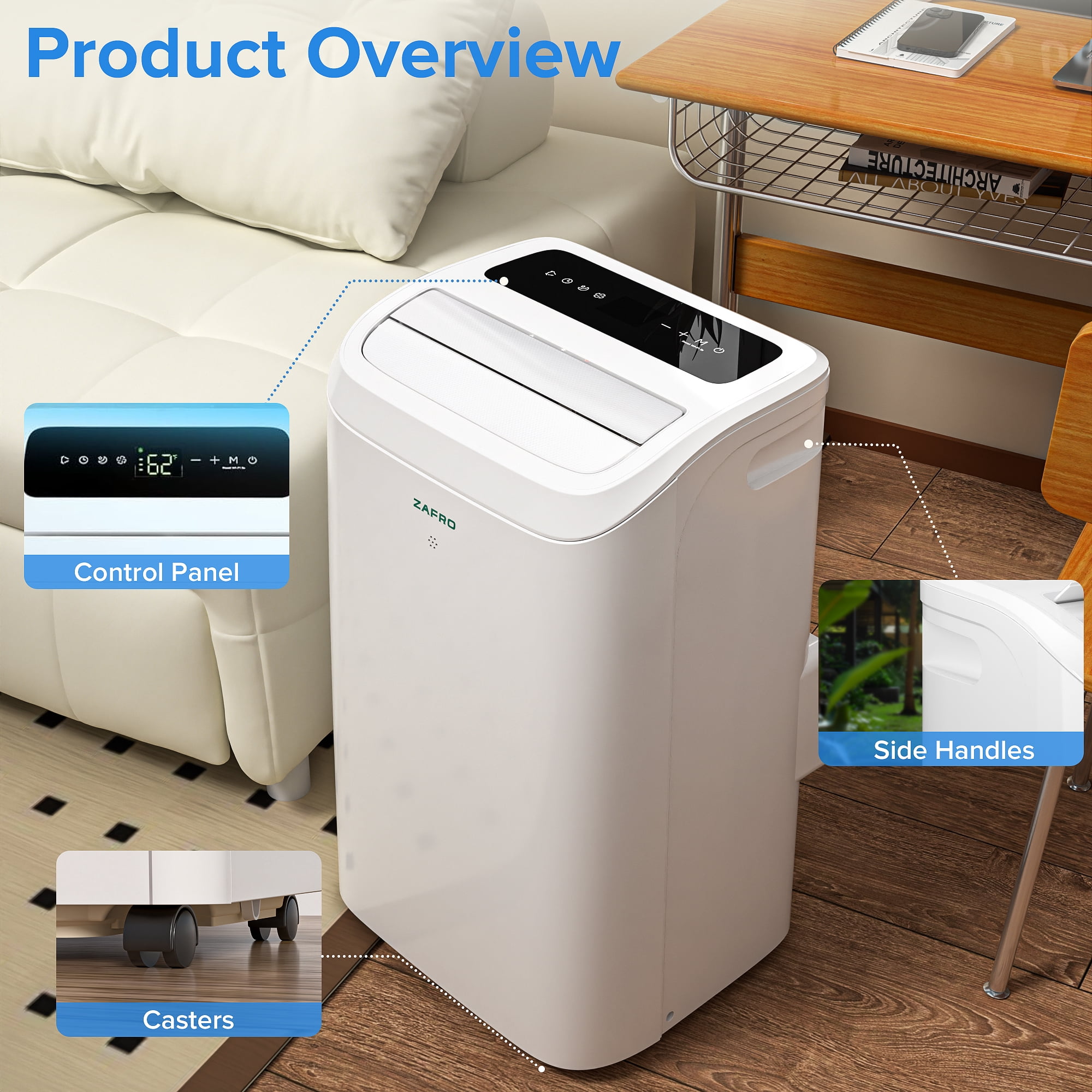 Zafro 14,000 BTU (12000 BTU SACC) Portable Air Conditioner with Wifi & Remove Control, 46dB Ultra-Quiet Cools Up to 500sq.ft