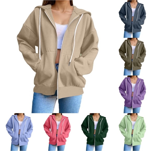 SONXAHE Womens Oversized Solid Zip Up Hoodie Loose Hoodies Spring Daily Hooded Jackets