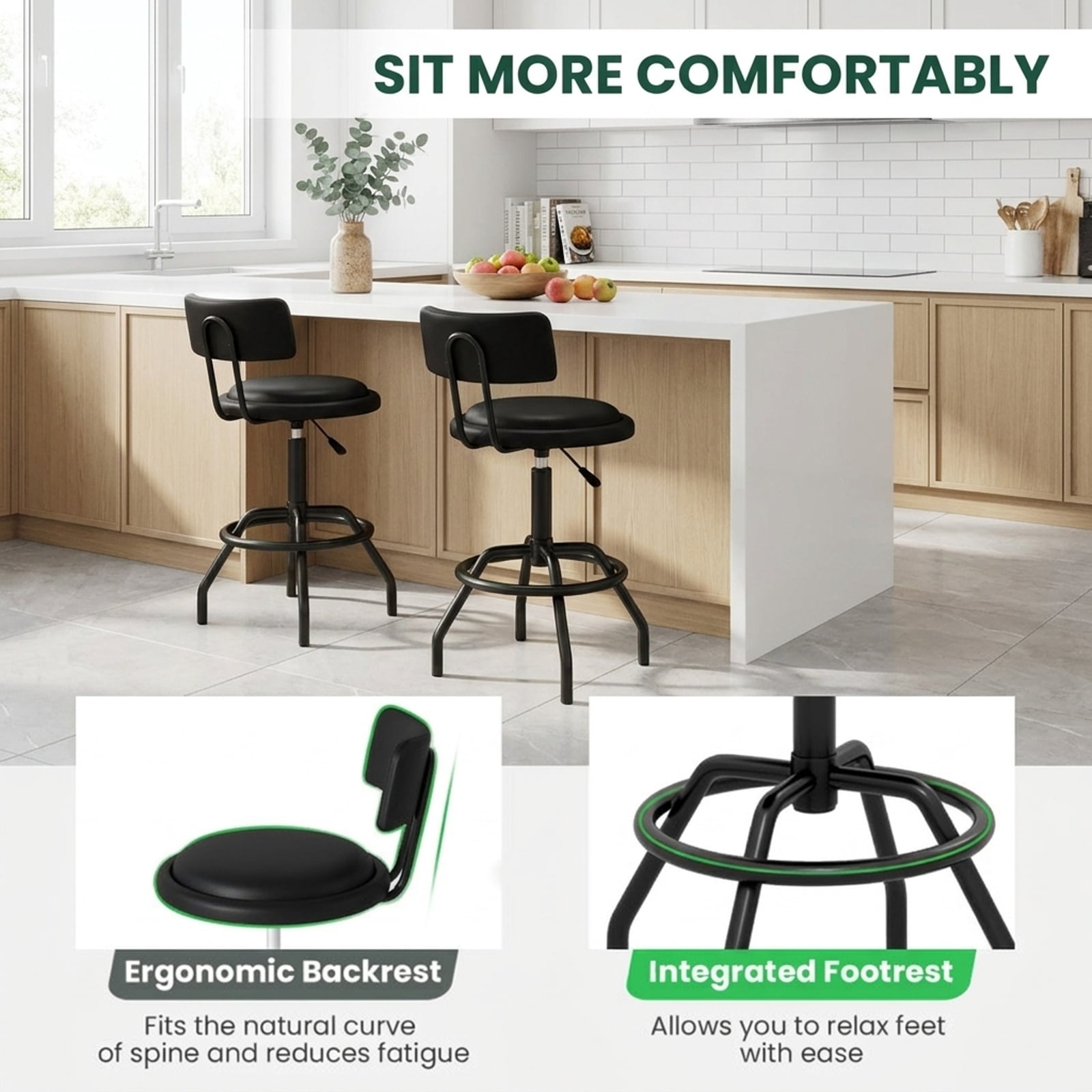Furnibear 360 Swivel Counter Height Barstool with Padded Seat Backrest and Footrest