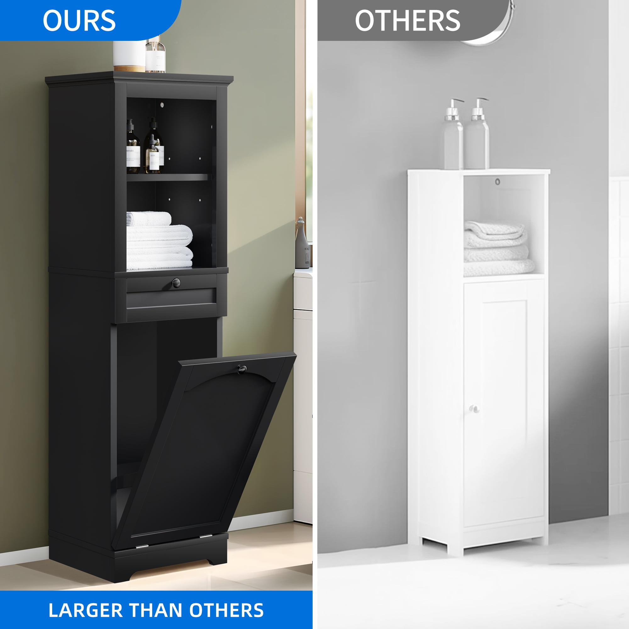 DEXTRUS 53"H Tilt Out Laundry Cabinet with Basket, Freestanding Laundry Hamper Bathroom Storage Cabinet Unit with Drawer, 2 Layer Open Shelf, Black