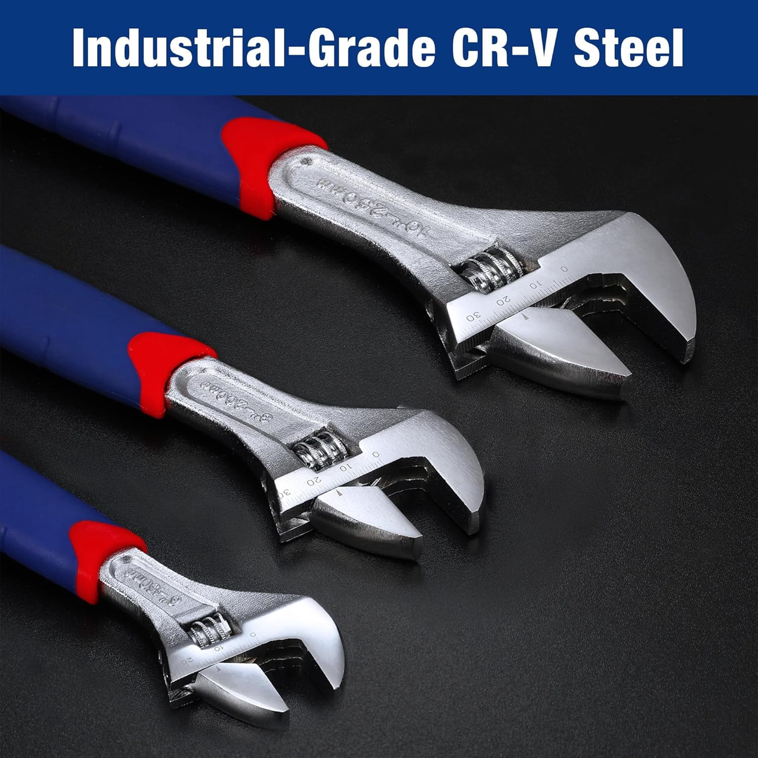 3-piece Adjustable Wrench Set CR-V with Rubberized Anti-Slip Grips 10-inch, 8-inch, 6-inch