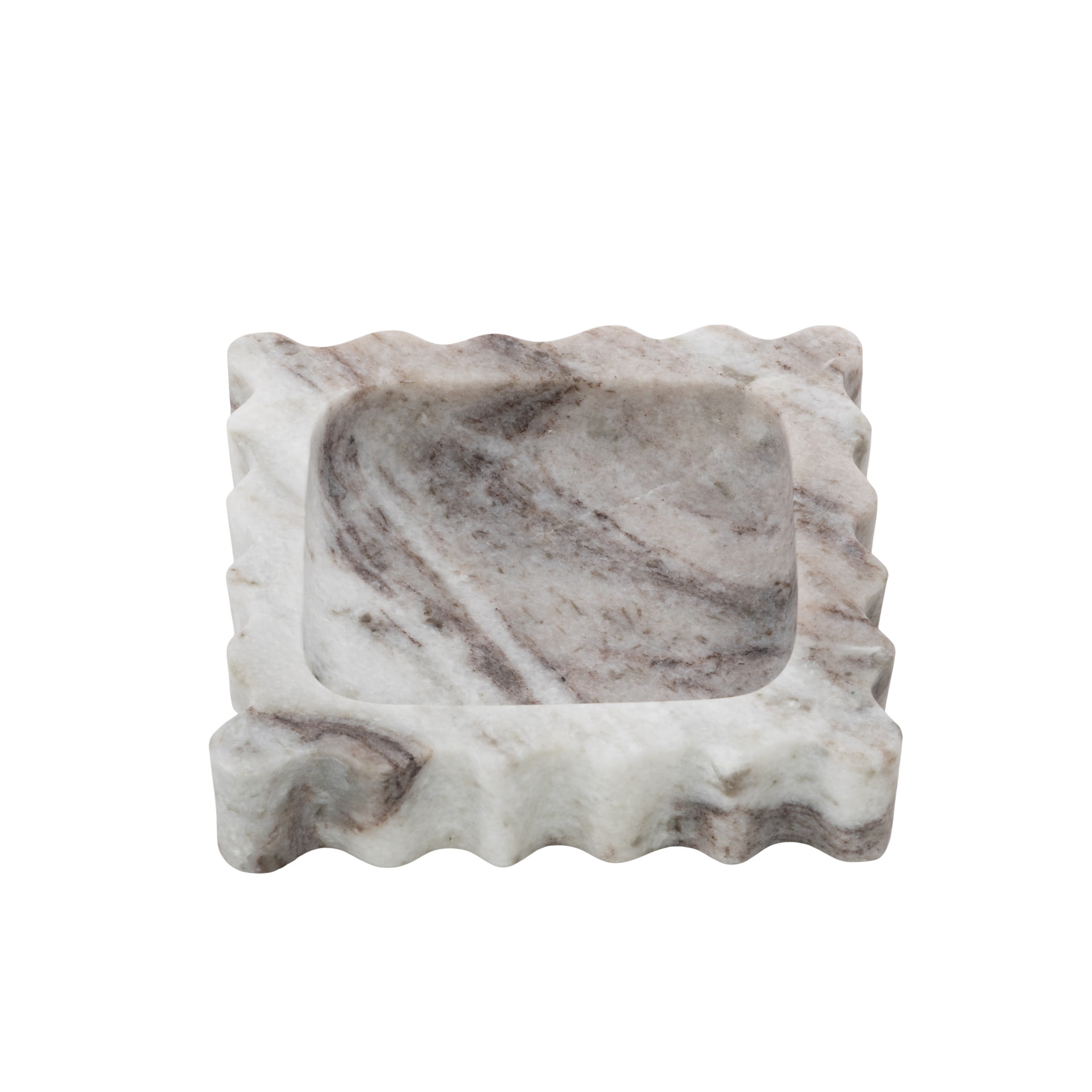 DecMode 6" x 6" Gray Marble  Tray with Brown Swirl Pattern and Wavy Edges, 1-Piece