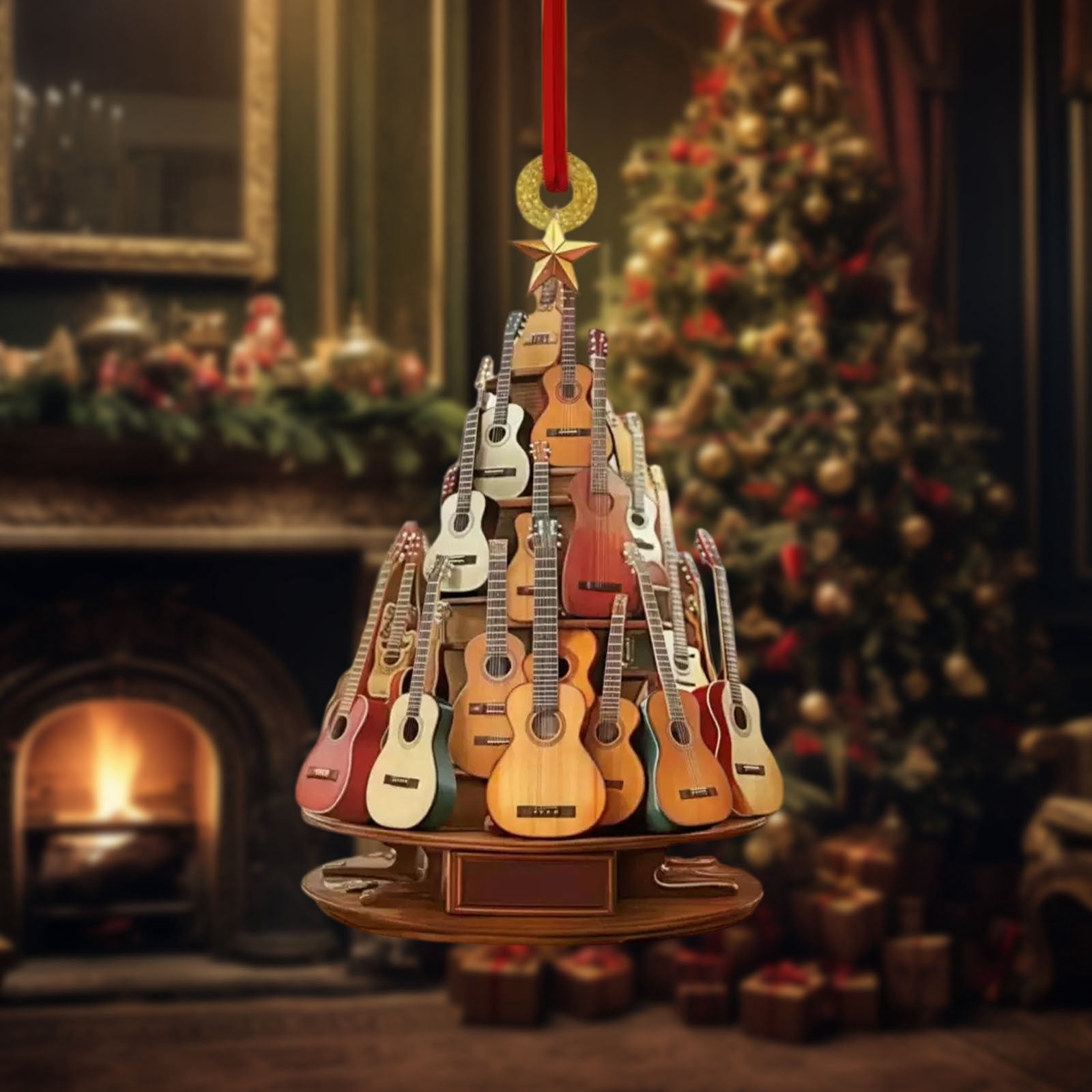 Décoration De Noël Guitare En Bois - 2 Ornements Musicaux - Pour Sapin - Cadeau Pour Mélomane - Rock And Roll