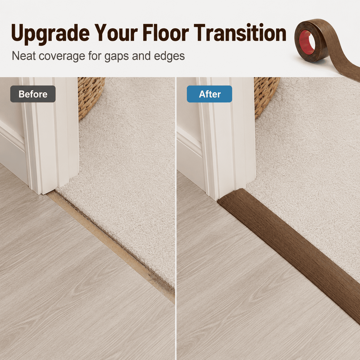Yeslife 1 pc Self Adhesive Floor Transition Strip, 10 ft x 1.57 in, Brown Vinyl, Flexible Waterproof Gap Cover for Laminate, Tile and Carpet Flooring