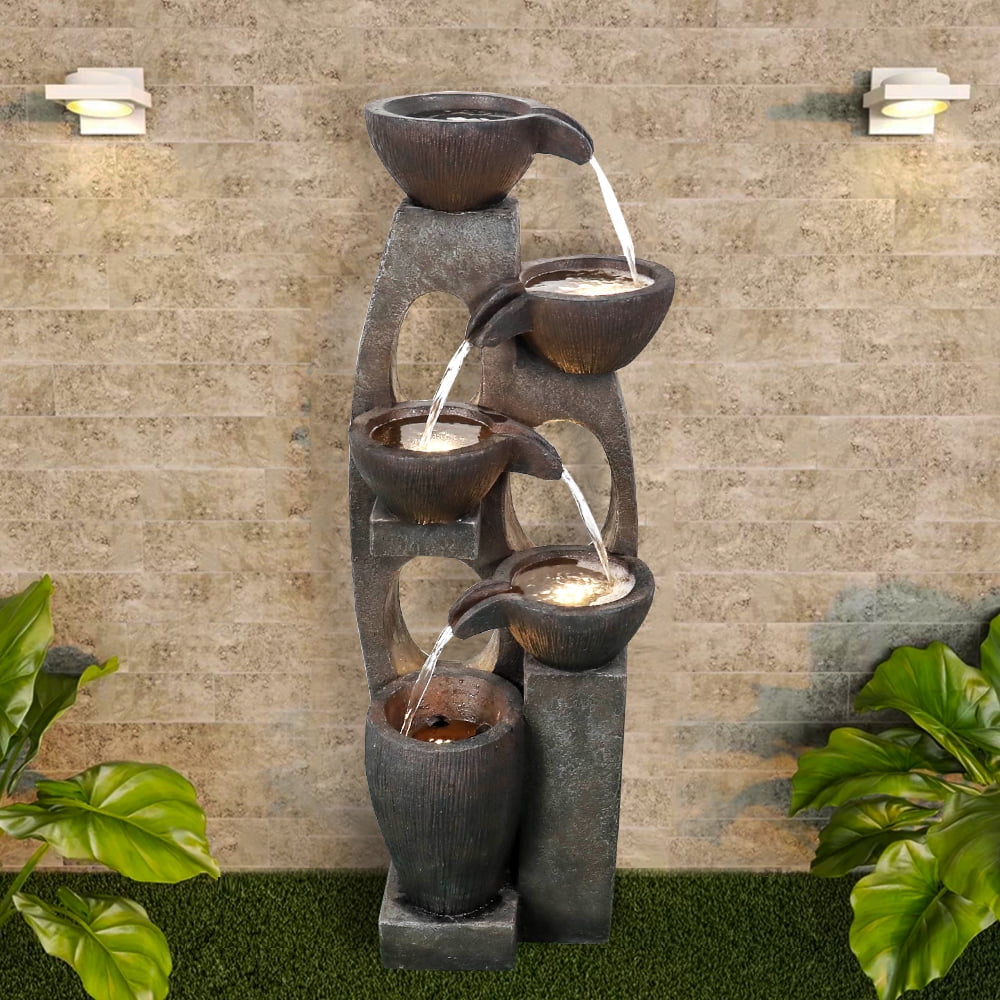 39 Inches 5Tier Outdoor Water Fountain Modern Resin FloorStanding