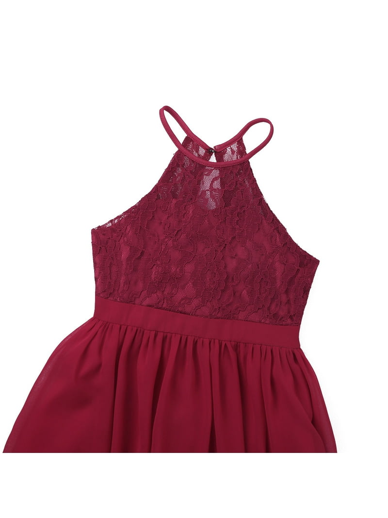 MSemis Girls Modest Lace Chiffon Wedding Bridesmaid Long Maxi Dress, Size  4-16, Burgundy