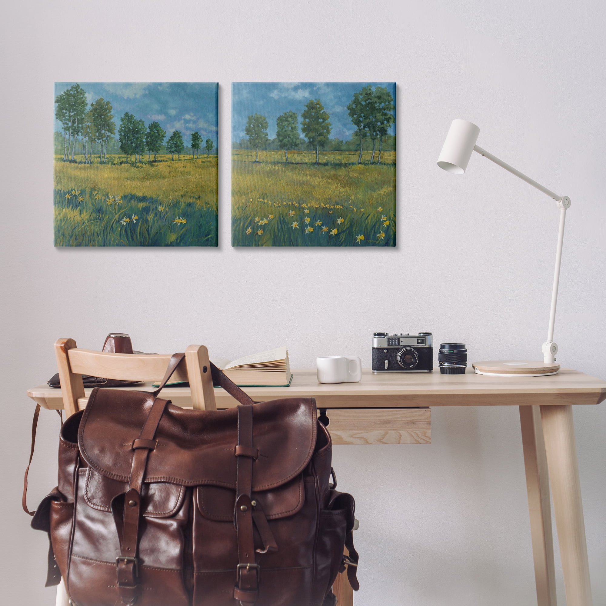 Stupell Industries Daffodil Tree Lined Field Landscape & Nature Painting Wrapped Canvas Art Print Wall Art, 17 x 17, Set of 2