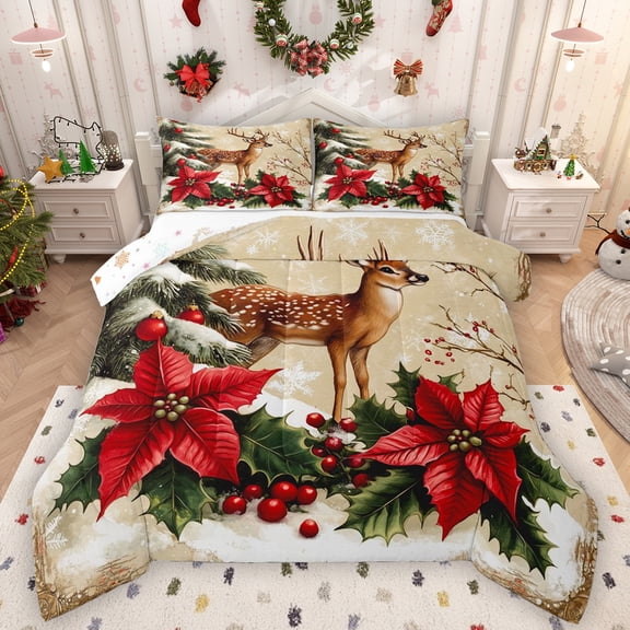 Manfei Cute Christmas Reindeer Bedding Comforter Set,Rustic Xmas Flower Twin Comforter Sets,Red Green Beige Bedding Set For Adults,Microfiber Bedroom Decor Reversible,2pcs