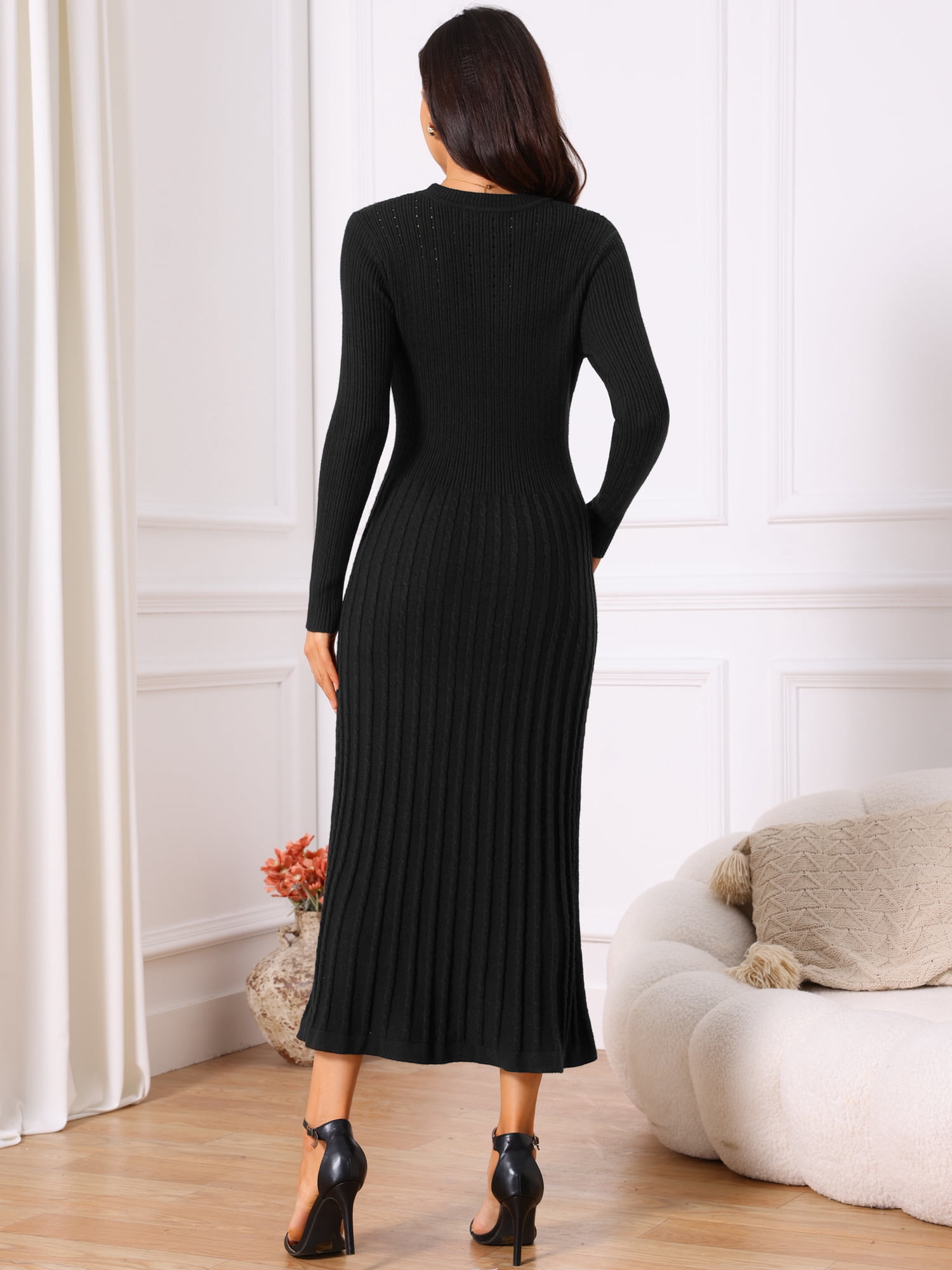 DARING DIVA Women's Long Sleeve Sweater Fall Crewneck Ribbed Knit Dress XL Black