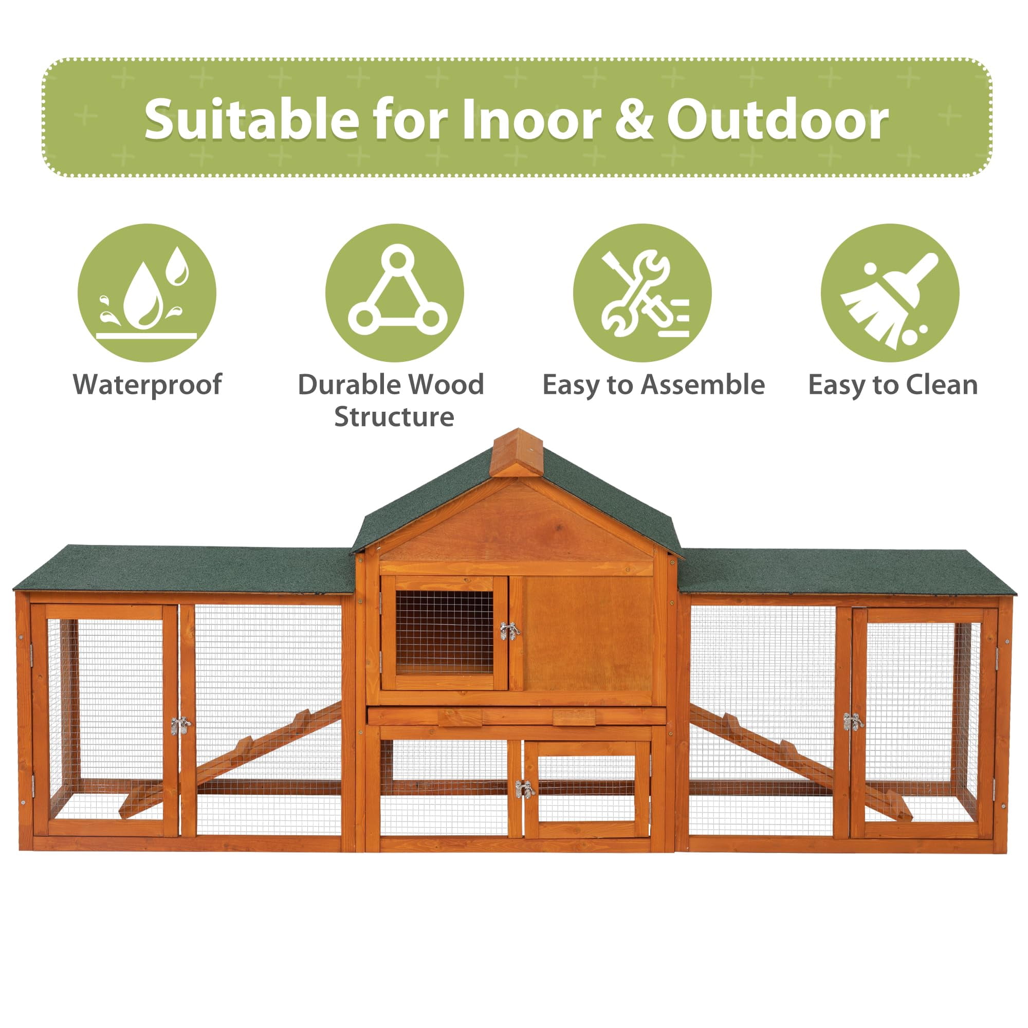 82 Inch Large Wooden Rabbit Hutch Bunny Cage Indoor Outdoor Easy Assemble Durable with Pull Out Cleaning Tray Waterproof Roof for Small Medium Pets Duck Chick Guinea Pig, Orange
