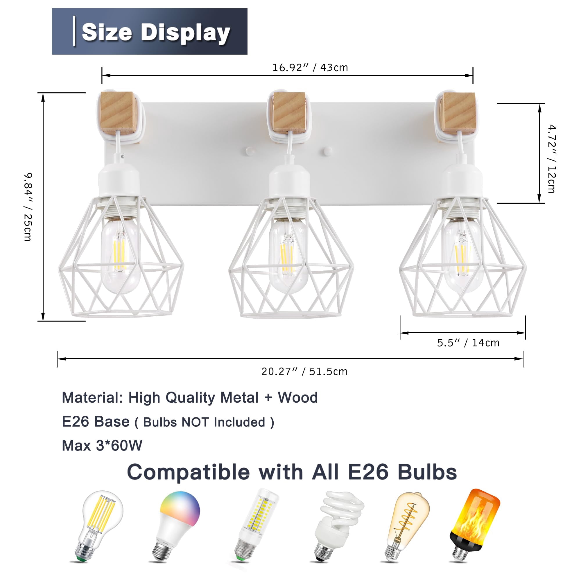 White Bathroom Vanity Light Fixtures  3-light Wood Over Mirror Rustic Sconces Wall Lighting With Elegant Metal Lampshade For Living Room Bedroom Hallway