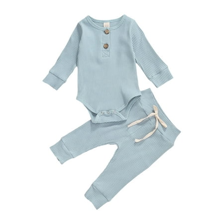

Liliz 2 Pcs Baby s Suit Ribbing Round Neck Long Sleeve Button Romper Loose Trousers