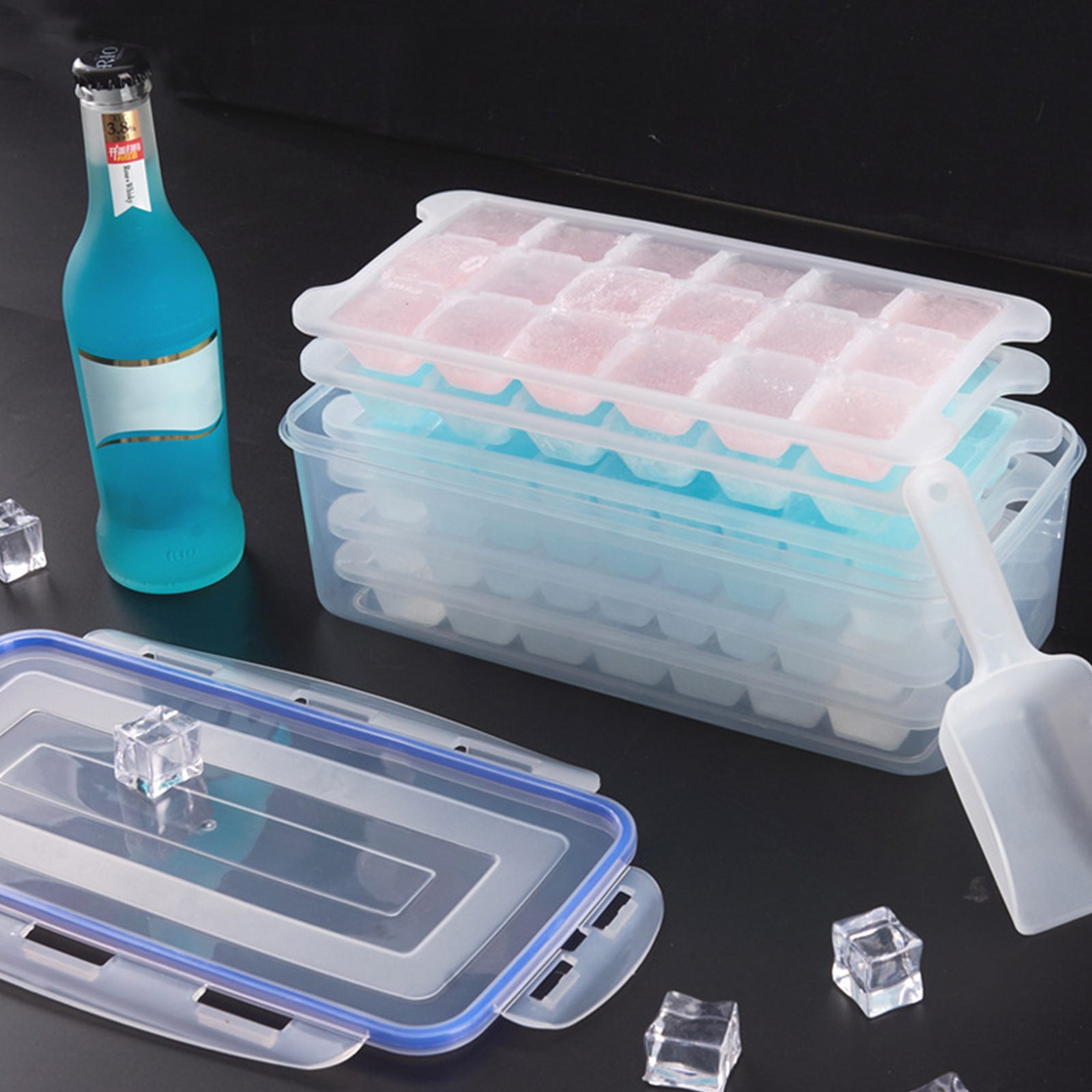 XKHHLH Ice Trays for Freezer with Lid and Bin,Plastic Ice Bin Container for Freezer, Crushed Ice Cube Trays with Lids and Bin,Ice Container with Locking Lid,BPA Free,Easy to Remove