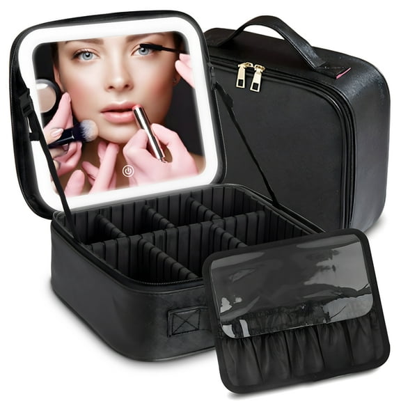 Ouwald Makeup Bag, Travel Makeup Bag with LED Mirror, Portable Makeup Case with Adjustable Dividers, Lighted Cosmetic Bag Organizer for Women, Black