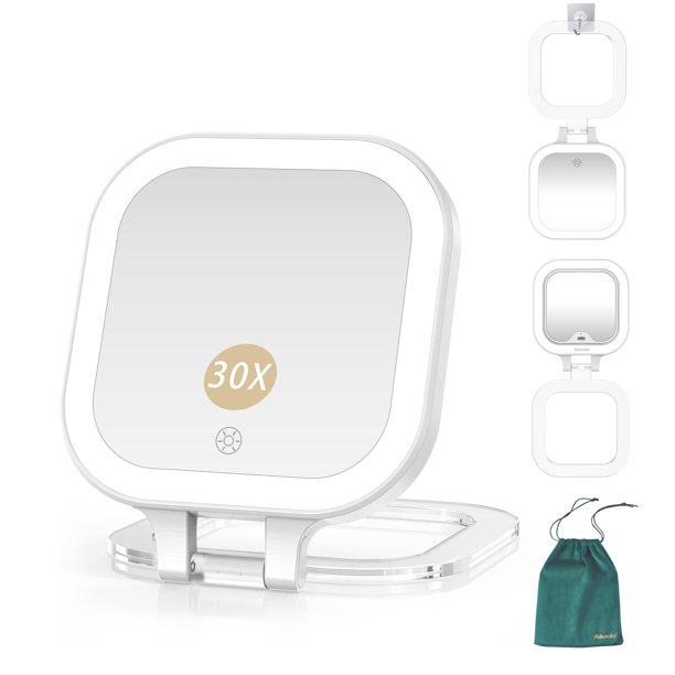 Mocado Espejo compacto de viaje para maquillaje, espejo de aumento 1X/30X con luz, espejo compacto de doble cara con luz de 3 colores, espejo de mano regulable, recargable, para bolsillo de bolso (bla