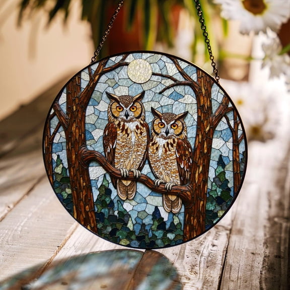 Two Owls In Forest Glass Style Round Suncatcher Window Hanging Gift For Nature Lover Or Christmas Decor, Suncatcher Window Hanging, 3.5 in