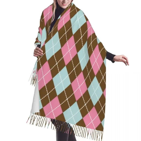 Fashion Navy Carolina Argyle Pattern Tassel Scarf Women Winter Warm Shawl Wrap Lady Scarves