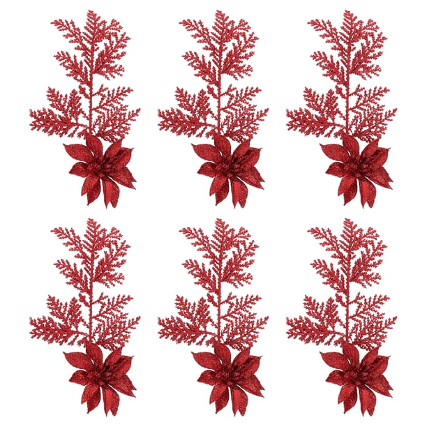 EeaseMX 6 piezas de flores artificiales con purpurina para árbol de Navidad, ramas de pino con clip
