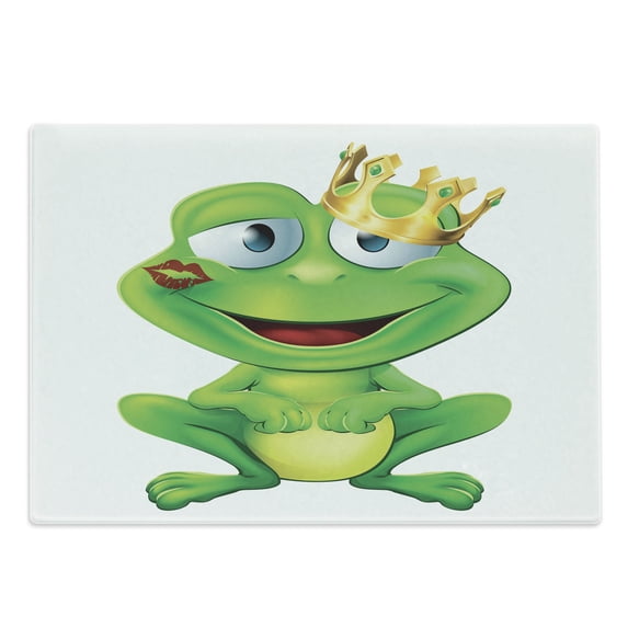 Animal Cutting Board, Frog Prince Cartoon Character with Golden Yellow Crown Lipstick Mark on Lips Love, Decorative Tempered Glass Cutting and Serving Board, Large Size, Multicolor, by Ambesonne